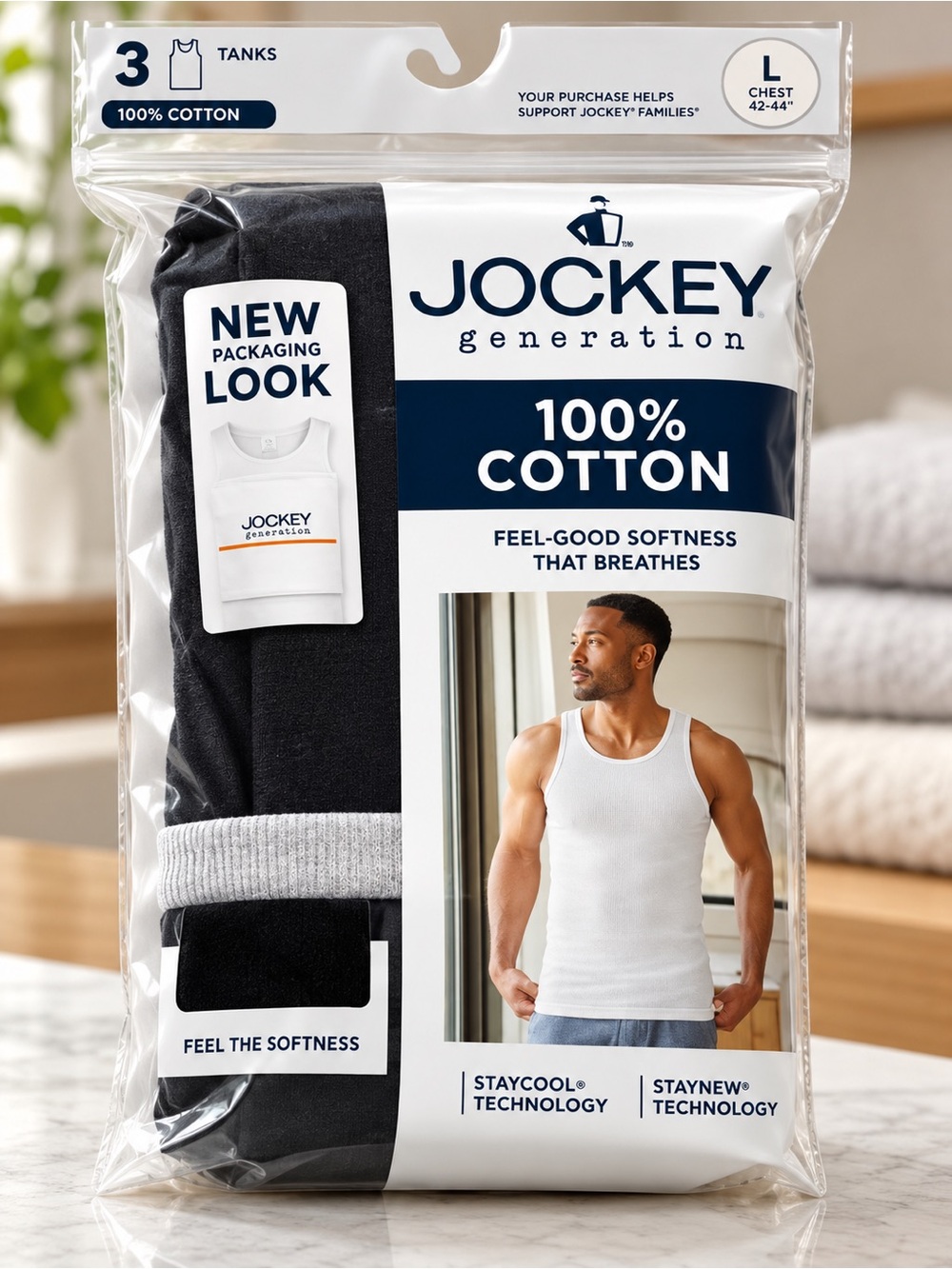 Jockey Generation Men's 100% Cotton Tank Tops - Black & White (3-Pack)